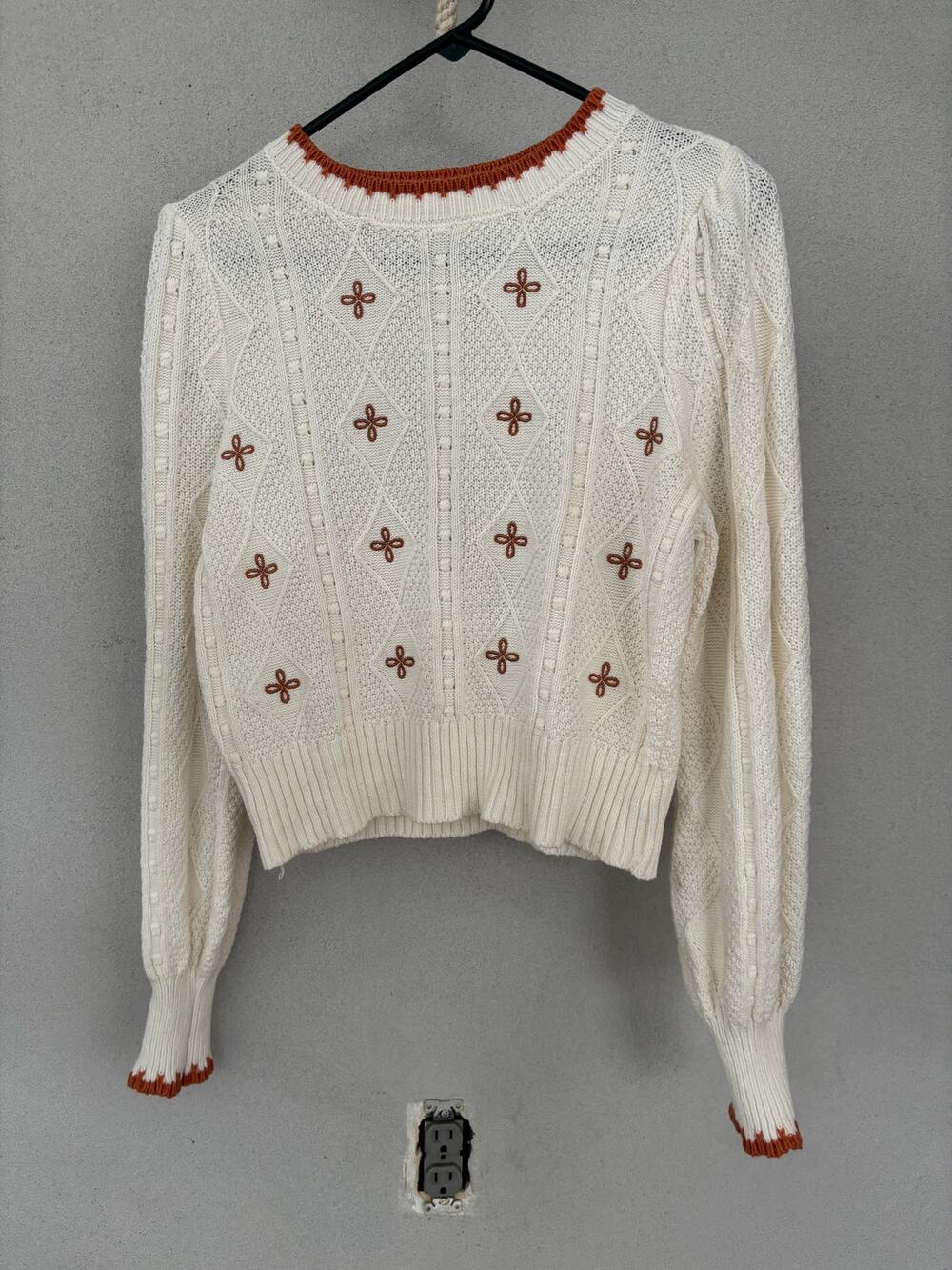 Light Cream and Orange Knit Sweater Fall Crewneck Grandmacore Cottagecore